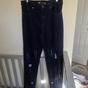 Dg2 Dark Blue Distressed Sequin Glitter Denim Jeans Size 14 Tall